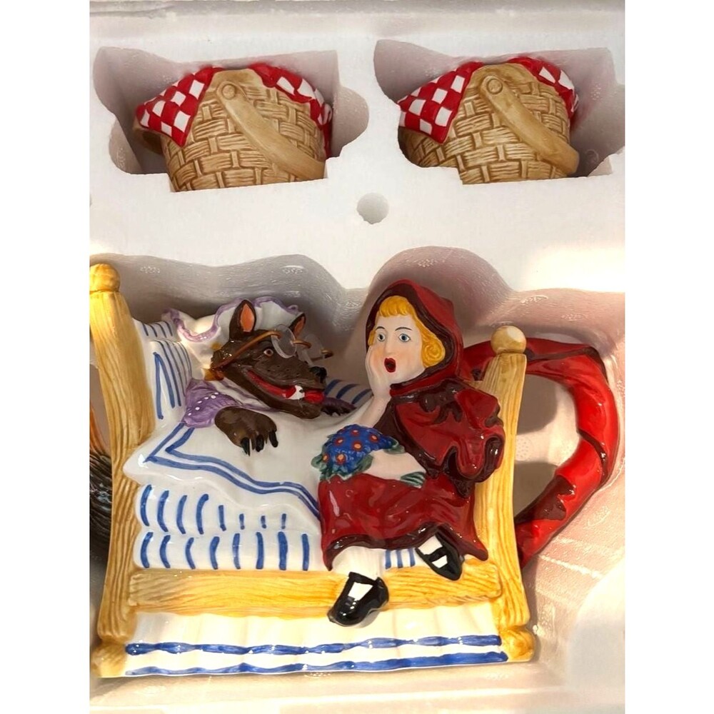 Department 56 Storybook Little Red Riding Hood Handpainted Ceramic Teapot and 4